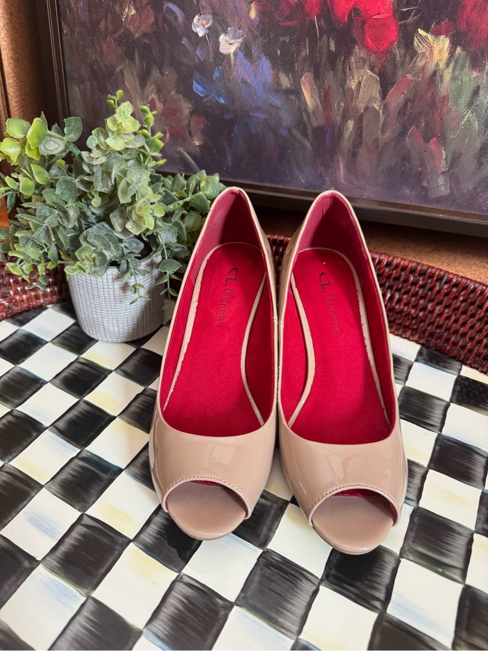 CL by Laundry Nude Patent Peep-Toe Heels with Red Insole